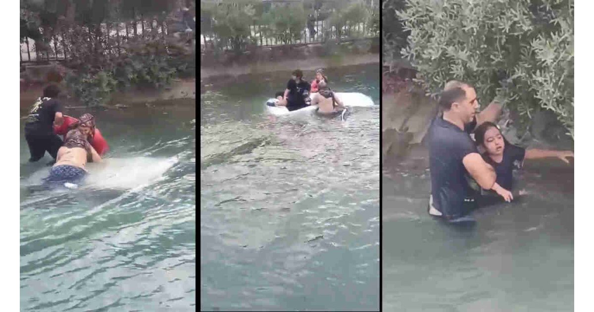 Sulama kanalına düşen otomobilde mahsur kalanları çevredekiler kurtarıldı